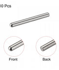 10 pack of 6mm X 50mm stainless shelf pins with close-up front and back views, 304 stainless steel dowel pins, rust resistant, silver tone