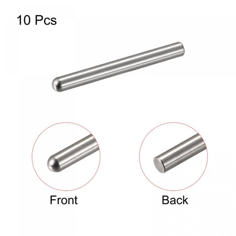 10 pack of 6mm X 50mm stainless shelf pins with close-up front and back views, 304 stainless steel dowel pins, rust resistant, silver tone