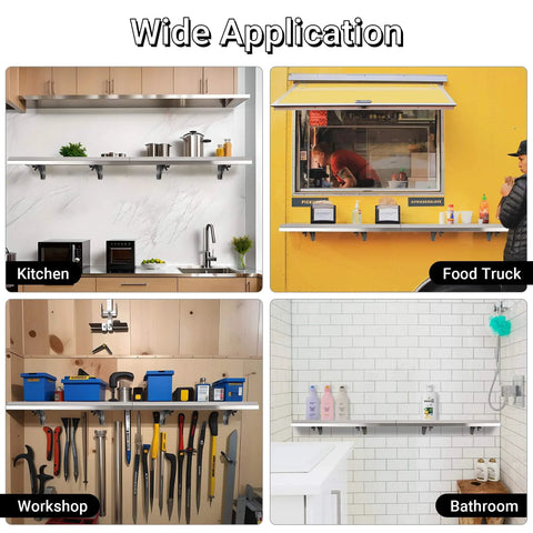 Drop Down Concession Shelf 48 By 12 Inches Stainless Steel Foldable Stand Shelf for various applications in kitchen, food truck, workshop, bathroom.
