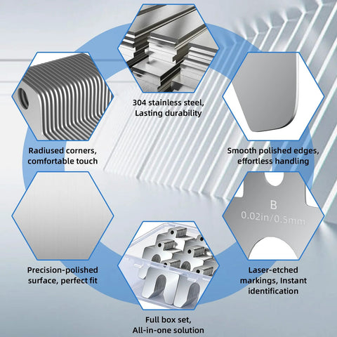 Diagram of features for 156 Piece Pro Grade Stainless Steel Slotted Shim Kit, highlighting polished surfaces, radiused corners, and laser etching.