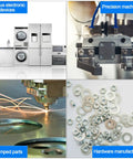 Collage showing electronic devices, precision machinery, stamped parts, and hardware manufacturing with 304 stainless steel components.