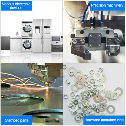 Collage showing electronic devices, precision machinery, stamped parts, and hardware manufacturing with 304 stainless steel components.