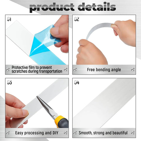 Product details showing Stainless Steel Shim Stock 0.02 Inch Thickness 1 Inch Wide 10 Pcs Metal Strips Gap Filler Trim Shim Set features