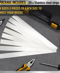 Sturdy 24 Piece 304 Stainless Steel Shim Stock Kit With 1 By 6 Inch Strips Eight Thickness Sizes shown with tools and case