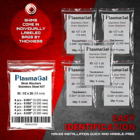 Barrel Shim Kit For One Half By Twenty Eight Inch Threads Stainless Steel 20 Piece Set showing labeled bags by thickness