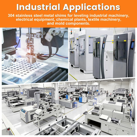 Industrial applications utilizing 30 Piece Shim Stock Assortment Pack for leveling machinery with 304 stainless steel shims in a factory setting.