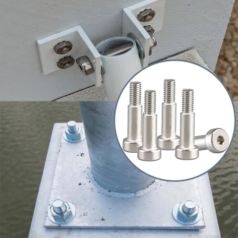 Five stainless steel hex socket shoulder bolts (M6×16), rust-resistant with a smooth finish, shown with mounting brackets.
