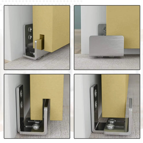 Stainless Steel Sliding Barn Door Floor Guide With Adjustable U Shape Bottom Flush Flat Bottom Wall Mount System For Door And Cabinet Fits Most Door Thicknesses Including Bypass And Barn Doors Easy To Install showing close-up of U-shaped guide.