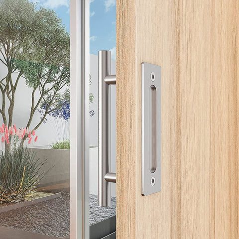 Two Sided Sliding Barn Door Handle Hardware In Brushed Stainless Steel 304 Twelve Inch Length Flush Pull Design With Round Handle On One Side And Flat On The Other Heavy Duty Garden Gate Shed Pull Handle Set Of Two installed on wooden door