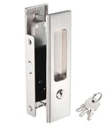 Invisible Recessed Pocket Door Lock with Hidden Handle and Keys, Ideal for Sliding Barn Wood Doors, Silver Finish, shown with keys