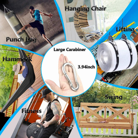 Collage of uses for Heavy Duty 304 Stainless Steel Spring Snap Hooks Set Of Six Four Inch Large Clips with various activities shown