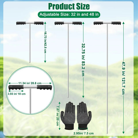 Heavy Duty Metal Soil Probe Rod 32 To 48 Inches With Adjustable Interlocking Sections And Insulated T Handle For Locating Underground Pipes Gardening And Soil Compaction Testing Stainless Steel Ground Probe Tool Includes Gloves For Safe Handling, shown with size measurements