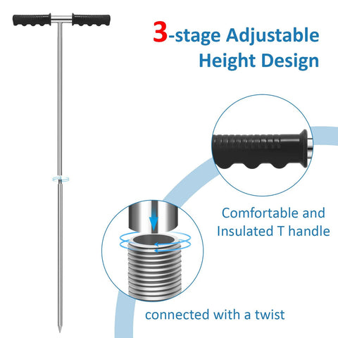 Stainless Steel Soil Probe Rod 32 to 48 Inch Adjustable Ground Rod Tool with T Handle and Sharp Tip for Locating Septic Tanks underground