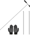 Heavy Duty Metal Soil Probe Rod 32 to 48 inches with adjustable interlocking sections, insulated T-handle, and gloves for safe handling.