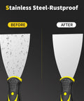 Spackle Knife Set Of Four Stainless Steel Putty Knives In 2 3 4 5 Inch Sizes With One Piece Blade And Soft Rubber Handle for comparison before and after rustproof feature demonstration.