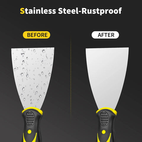 Spackle Knife Set Of Four Stainless Steel Putty Knives In 2 3 4 5 Inch Sizes With One Piece Blade And Soft Rubber Handle for comparison before and after rustproof feature demonstration.
