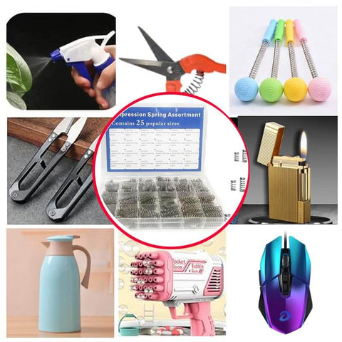 Collage image of various household items including a stainless steel springs set with 420 pieces in 24 different sizes for shop and home repairs, compression springs assortment kit with rust proof 304 wire for corrosion resistance, perfect for DIY fixes and hardware projects
