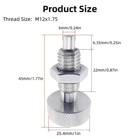 Two Pack Retractable Spring Plungers With Knurled Handles M12x1.75 Stainless Steel Lockout Quick Release Pins size diagram