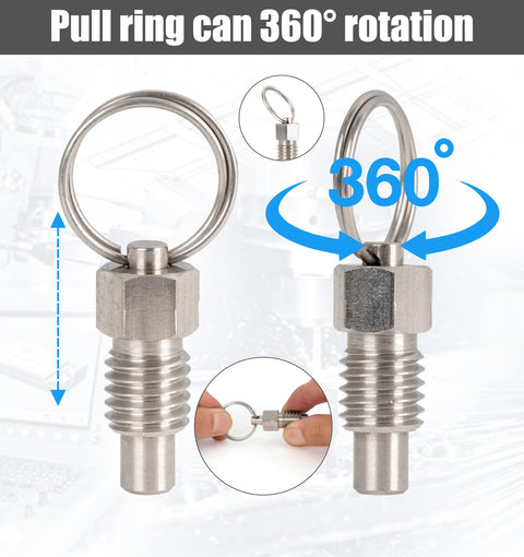 Stainless pull ring for Spring Plungers With Pull Ring Set 3 Pack 1/2-13 Thread 0.312 In Pin 0.56 In Thread Length, showing 360° rotation.
