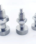Set of 3 stainless steel retractable spring plungers with knurled bases and M12x1.75 threads