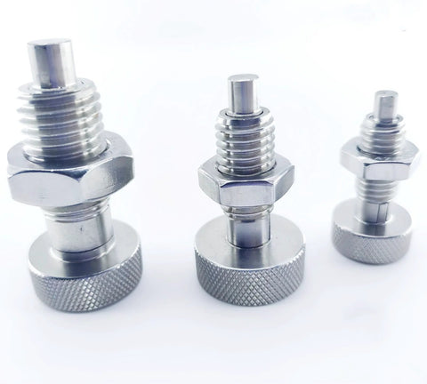 Set of 3 stainless steel retractable spring plungers with knurled bases and M12x1.75 threads