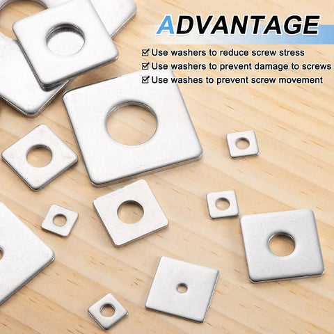 304 Stainless Square Plate Washers for 1/8 Inch Bolts displayed on wooden surface, showcasing burr-free edges, 100 pcs per pack, 10x10x1mm with 3mm Inner Diameter. ADVANTAGE text highlights benefits of load distribution and surface protection.