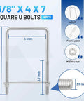 Square U Bolts Kit With Frame Plates And Nuts Stainless Steel U Clamp Bolts For Wood Boats Trailers Tubes Industrial Use Three Eighths Inch By Four Inch By Seven Inch Thread shown with dimensions and components.