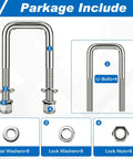 Heavy Duty 4 Piece 304 Stainless Steel Square U Bolts Set for Boat Trailers with Washers Lock Washers Nylon Lock Nuts and Nuts Half Inch Diameter by Two and One Sixteenth Inch Wide by Four and Three Quarters Inches shown with components