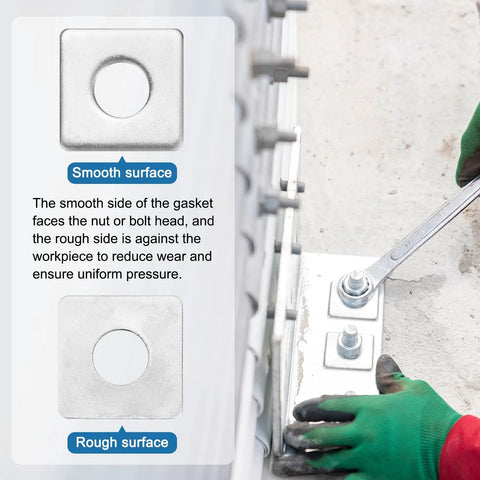 Stainless Steel Square Washer Plate Set For M8 Bolts 20x20mm 2mm Thick With 8mm Inner Diameter Ten Pack installed on construction site