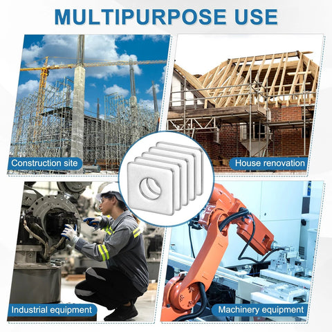 Illustration showing multipurpose use of Stainless Steel Square Washer Plate Set For M8 Bolts in construction, renovation, and machinery.