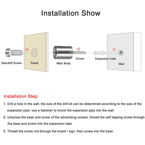 Diagram showing installation of Half Inch Diameter Two Inch Stainless Steel Standoff Screws For Wall Mount Sign Holders with labeled parts.