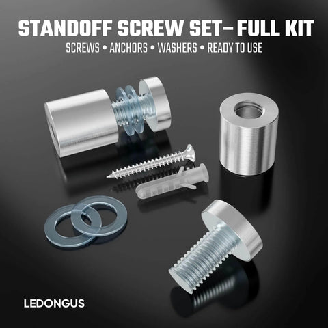 12 Pack Stainless Steel Standoff Screws With Wall Anchors And Rubber Pads For Sign Mounting Of Acrylic Signs Photo Frames And Advertising Boards Silver Three Quarter Inch By Nineteen Millimeter By Twenty Five Millimeter Durable Rustproof Indoor Outdoor, showing screw set components
