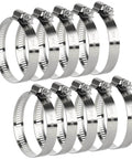 Hose Clamps Set Of Ten Stainless Steel Adjustable Worm Gear Clamps For Hoses From One And A Half Inch To Two And A Half Inch Ideal For Automotive Radiator Fuel Line And Mechanical Systems With Assorted Sizes From Quarter Inch To Six Inch.