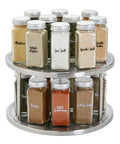 2-Tier Lazy Susan Spice Rack Organizer for Cabinet and Pantry, Stainless Steel, 10.5 Inch Diameter, holds various spices.