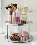 2-Tier Lazy Susan Spice Rack Organizer for Cabinet and Pantry, Stainless Steel, 10.5 Inch, loaded with makeup and skincare items
