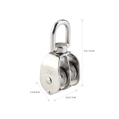 Front view of a 2-Pack 304 Stainless Steel Swivel Pulley 20mm Rigging Hardware Wire Rope Crane Pulley Block Hanging Wire Towing Wheel.