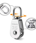 Close-up of a stainless steel M25 pulley showing 360-degree rotation feature, part of 25MM Pulley System, 2 Pcs M25 Pulleys Block with Rope and Hooks.