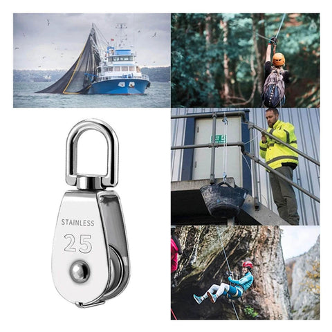 304 Stainless Steel Pully Single Wheel Swivel Pulley Block Lifting Rope 25mm Set shown with various use cases