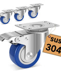 Stainless steel 3 inch caster wheels with brakes, 304 rust proof heavy duty swivel casters on a white background.