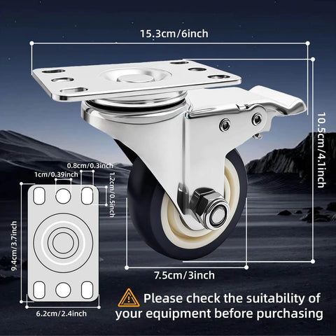 Stainless steel 3 inch heavy duty caster wheels with rust proof 304 swivel design, casters with brakes in a 4 pack close-up view.