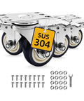 Stainless steel 3 inch heavy duty caster wheels with rust proof 304 swivel design, casters with brakes in a 4 pack close-up view.