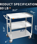 Three Tier Stainless Steel Utility Cart For Restaurant Hospital Lab And Hotel Use With Beefed Up Heavy Duty Wheels