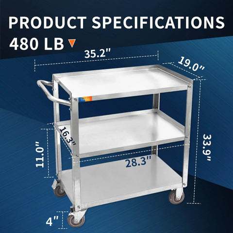 Three Tier Stainless Steel Utility Cart For Restaurant Hospital Lab And Hotel Use With Beefed Up Heavy Duty Wheels