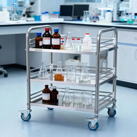 Sturdy Stainless Steel 3-Tier Rolling Cart With Lockable Wheels For Hospital Lab Clinic Kitchen Restaurant Salon Easy To Clean Medical Serving Trolley By VEVOR in lab setting.