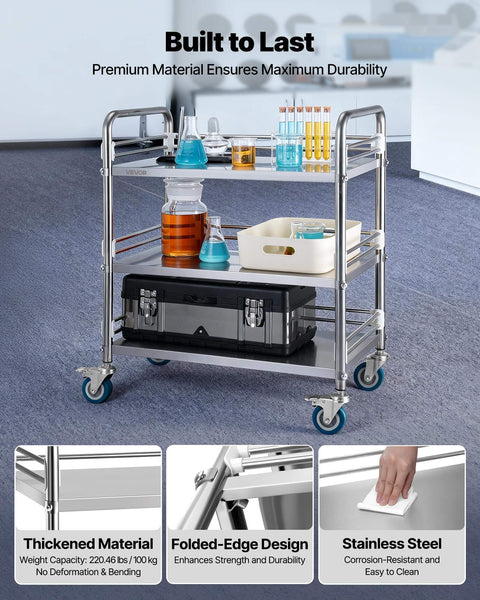 Sturdy Stainless Steel 3-Tier Rolling Cart With Lockable Wheels For Hospital Lab Clinic Kitchen Restaurant Salon Easy To Clean Medical Serving Trolley By VEVOR in a lab setting showing shelves and supplies.