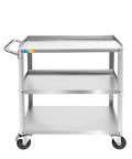 Front view of Three Tier Stainless Steel Utility Cart For Restaurant Hospital Lab And Hotel Use With Beefed Up Heavy Duty Wheels And Easy Handle Food Service Trolley 19W x 31L x 34H Treshin.