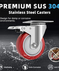 Stainless steel 4 inch heavy duty caster wheels with brakes, 304 rust proof swivel casters for industrial use close-up.