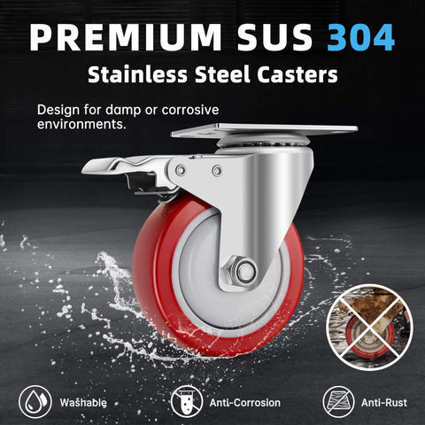 Stainless steel 4 inch heavy duty caster wheels with brakes, 304 rust proof swivel casters for industrial use close-up.