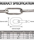 Product specifications for Stainless Steel 304 Chain, 3m length, 5mm thickness, showing dimensions and diagram for various sizes.