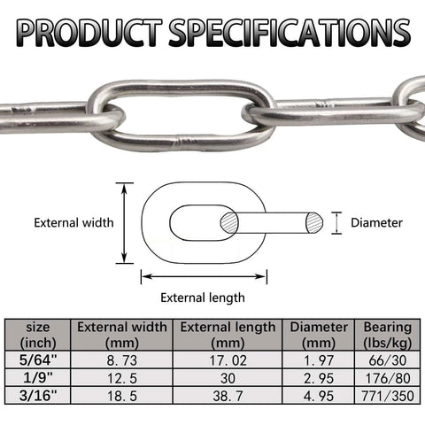 Product specifications for Stainless Steel 304 Chain, 3m length, 5mm thickness, showing dimensions and diagram for various sizes.